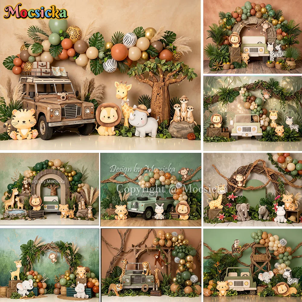 Mocsicka Safari Jungle Baby Shower Backdrop Photography Cartoon Wild Animal Car Background Kids Boy Birthday Cake Smash Photo