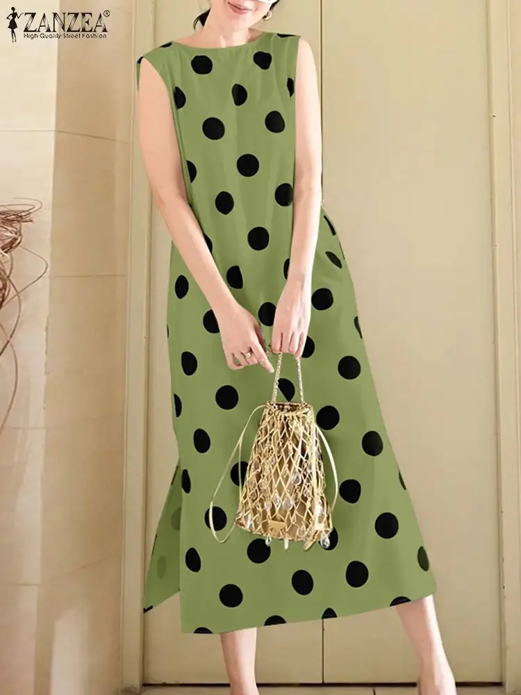 Casual Sleeveless Tank Long Dress Korean Women Dots Print Robe ZANZEA 2024 Autumn Loose O-neck Vestidos Fashion Holiday Dresses