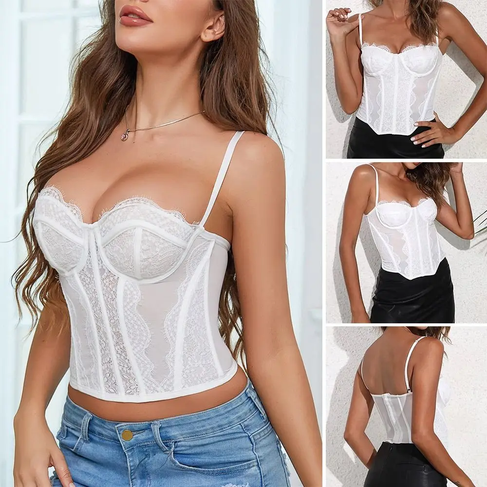 

Summer Spaghetti Strap Mesh Bustier Tops Elegant French Lace Corset Top Casual Temperament Out Crop Top Women