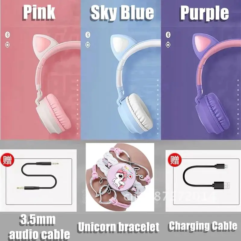 Drahtlose rote Katze Ohr Headset Geräusch unterdrückung Bass Kinder Mädchen Fone de Ouvido Unterstützung TF Karte Casco mit Mikrofon Einhorn Armband Geschenk