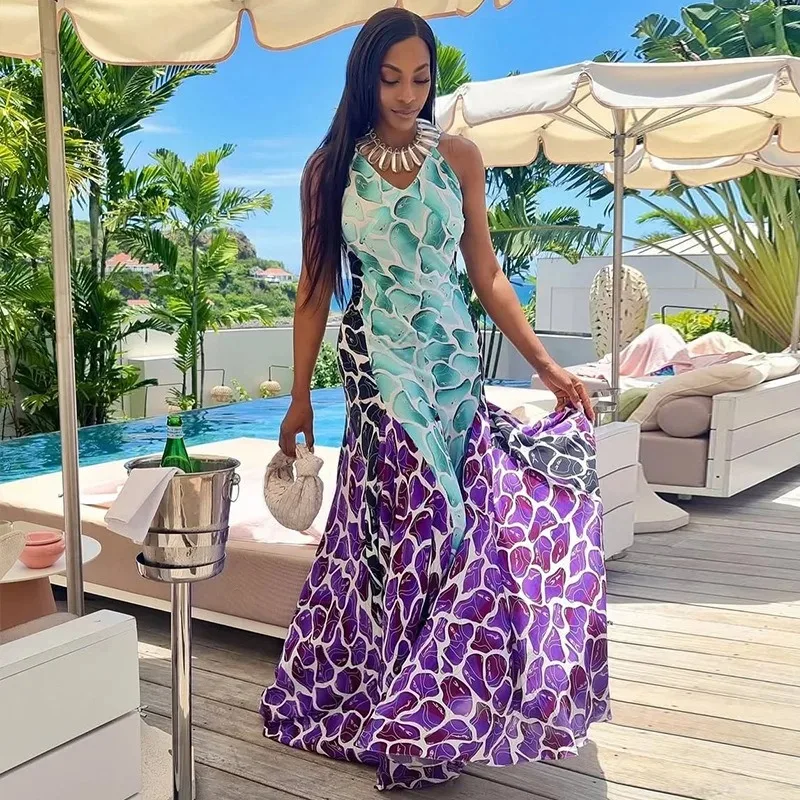 

Women's 3D Print Halter V-Neck Sleeveless Waistband A-Line Large Swing Long Dress