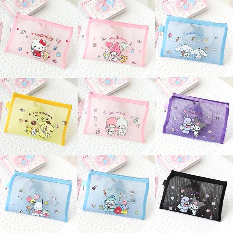 18pcs/lot Sanrio Kitty Melody Mesh Pencil Case Hangyodon Little Twin Stars Storage Pen Bag Stationery Pouch School Supplies