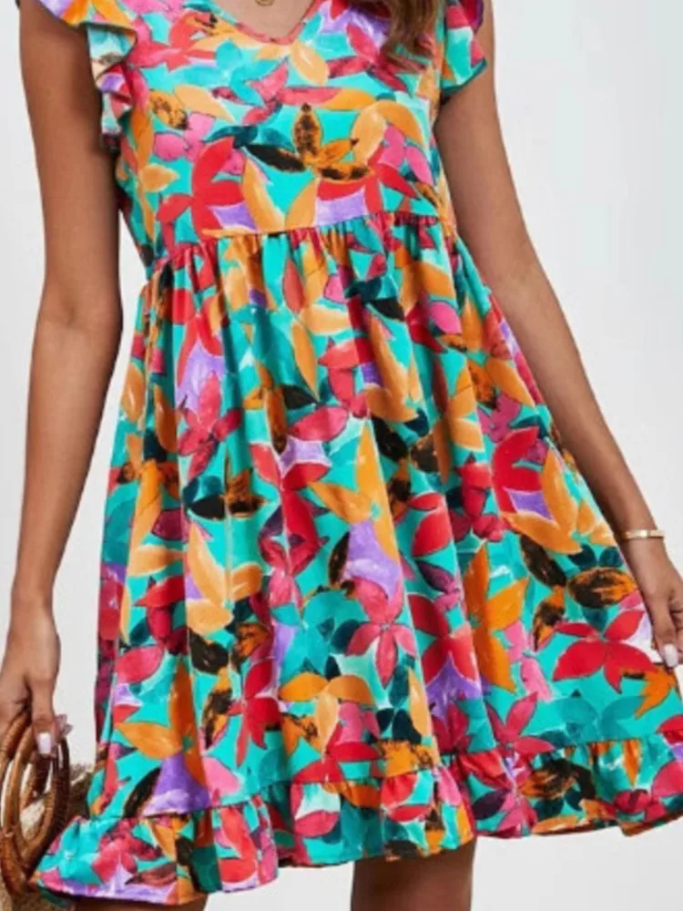 Abito estivo casual con stampa floreale Boho senza maniche con scollo a V Abito da donna con volant allentato femminile Mini abiti da donna Robe Femme