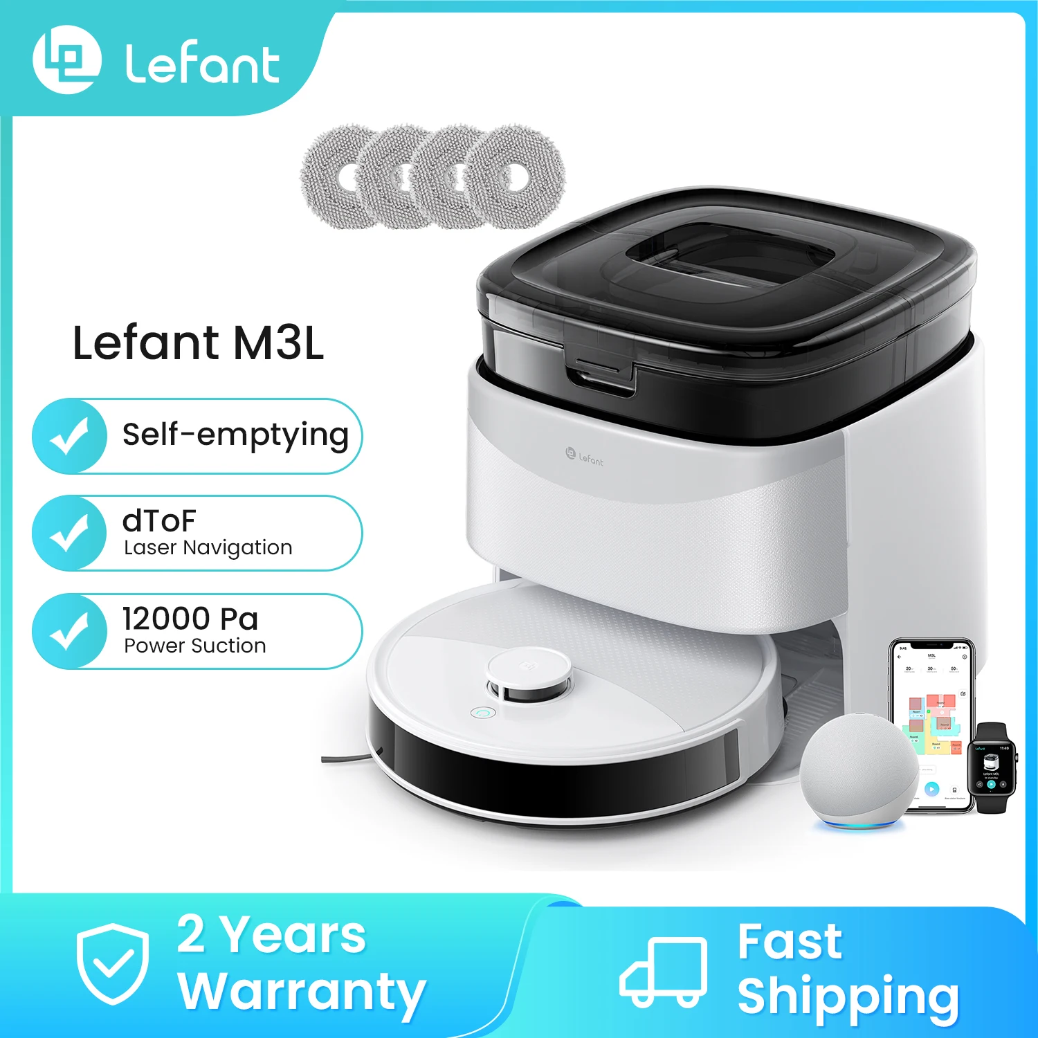 Lefant M3L Robot aspirapolvere Lavaggio Aspirazione Asciugatura Salviette Pulizia automatica Polvere, potenza di aspirazione 12000 Pa Navigazione DToF