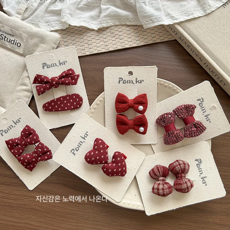 2pc red color Baby Hair Clips Cotton Dot Spot Prints Bow Hairpins Kid Plaid BB Barrettes Pearl Hairpin Girls Christmas Headwear