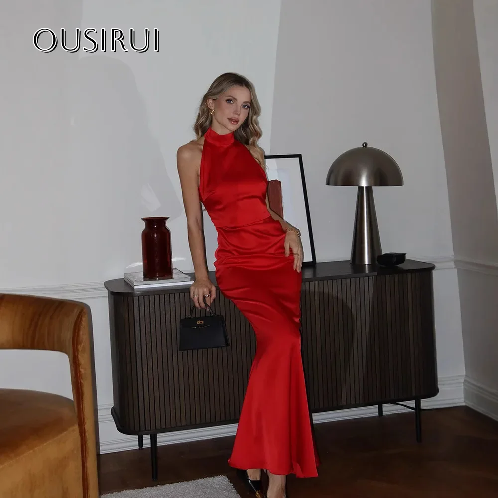 Elegant Halter ชุดราตรีซาตินเรียบง่ายที่กําหนดเอง Mermaid ชั้นความยาวแขนกุด Backlessفسات