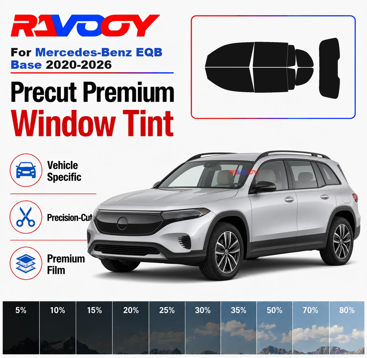

Premium Precut Window Tint Kit Front Windows Rear Windows Rear Windshield For Mercedes-Benz EQB Base 2020-2026 Nano Ceramic Film