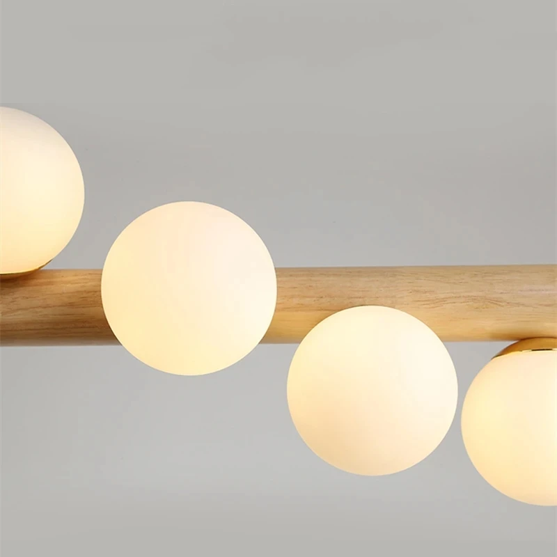 Solid Wood Milk White Glass Balls Pendant Chandelier for Dining Table Kitchen Island Coffee LED Home Decoration Lighting Fixture