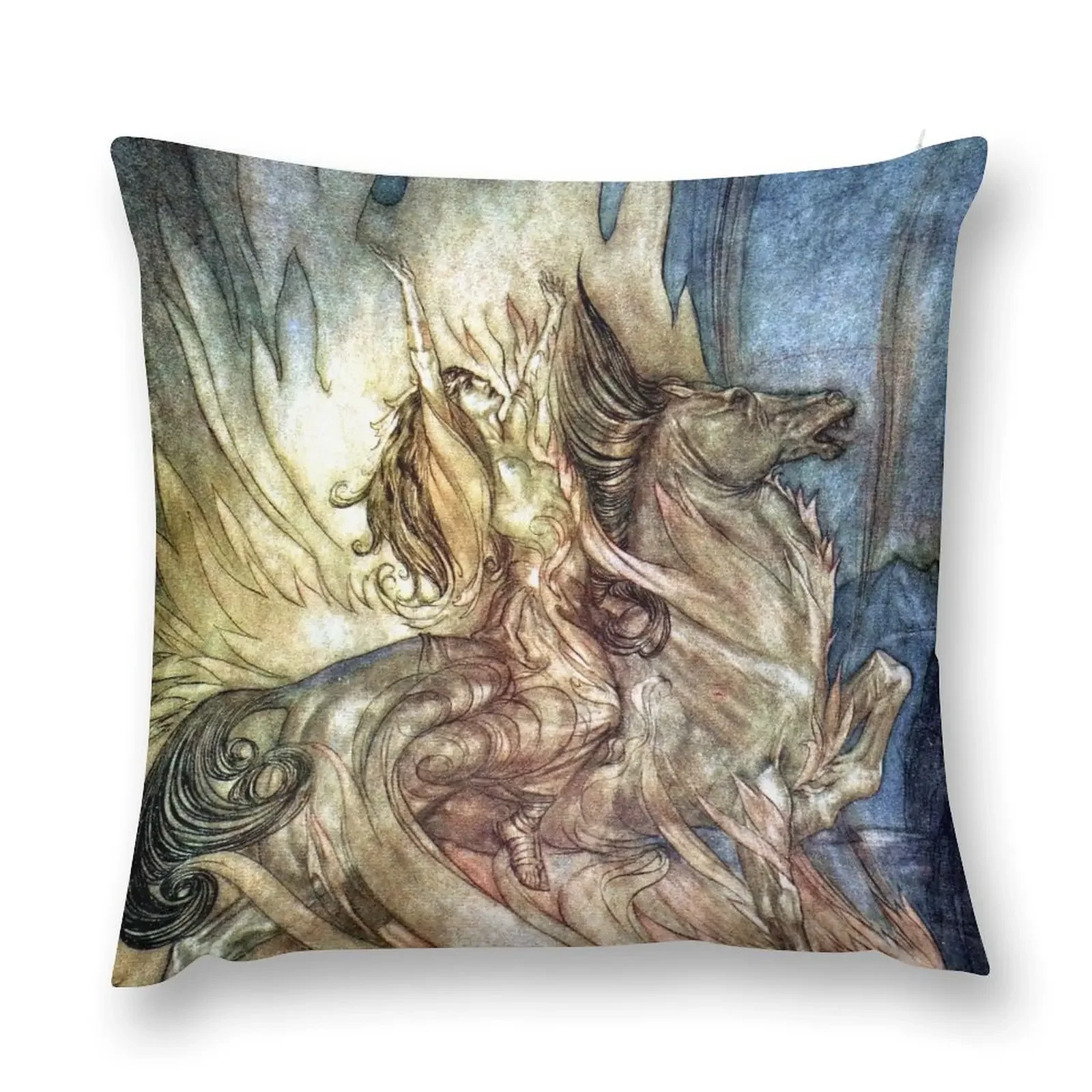 Brünnhilde on Grane leaps onto the funeral pyre of Siegfried - Arthur Rackham Throw Pillow Custom Cushion Photo pillow