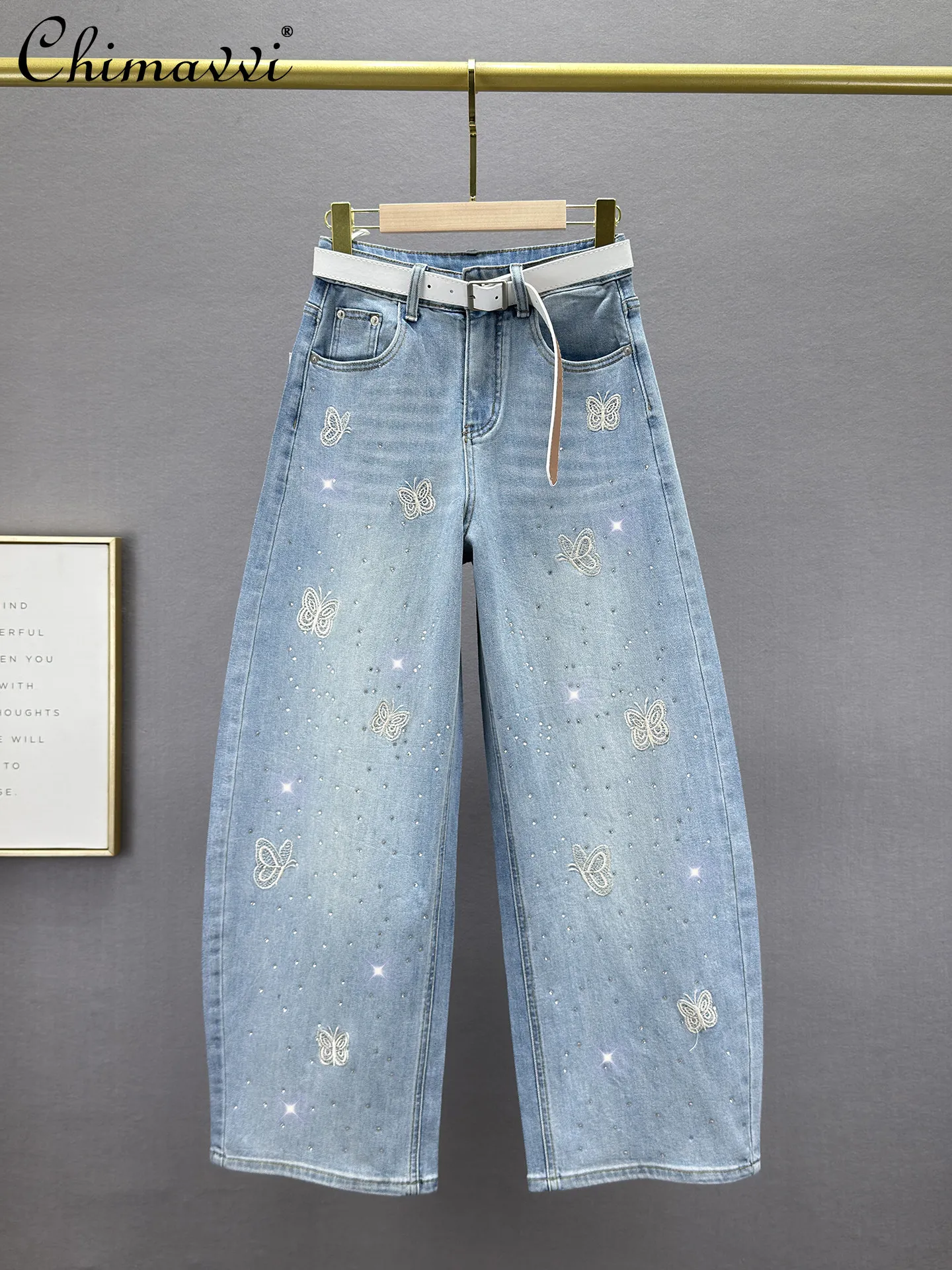 

Heavy Rhinestone Jeans Women Curved-leg Pants 2026 Spring New Fashion High-waisted Loose-fit European-style Embroidered Jeans