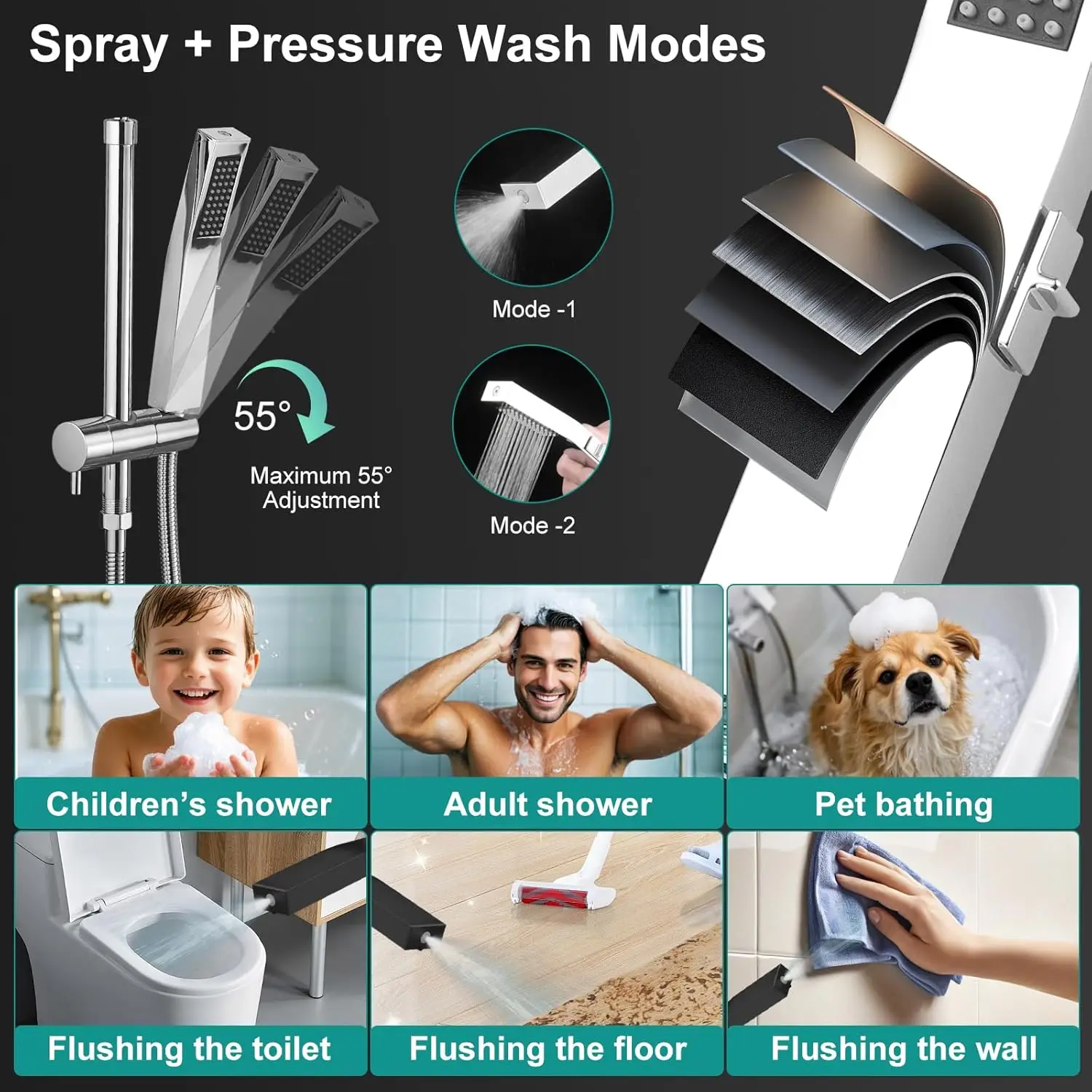 رأس دش مطري معدني مقاس 10 بوصة مع رذاذ محمول، تصميم مربع عالي الضغط، ذراع قابل للتعديل 16 بوصة ومحول ثلاثي الاتجاهات #3