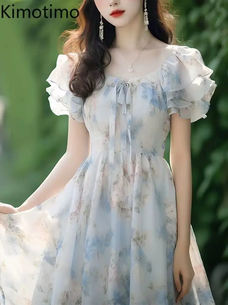 Kimotimo French Gentle Floral Print Chiffon Dress Women 2024 Summer Ruffles Flying Sleeve Waist A Line Long Dresses Vintage Chic