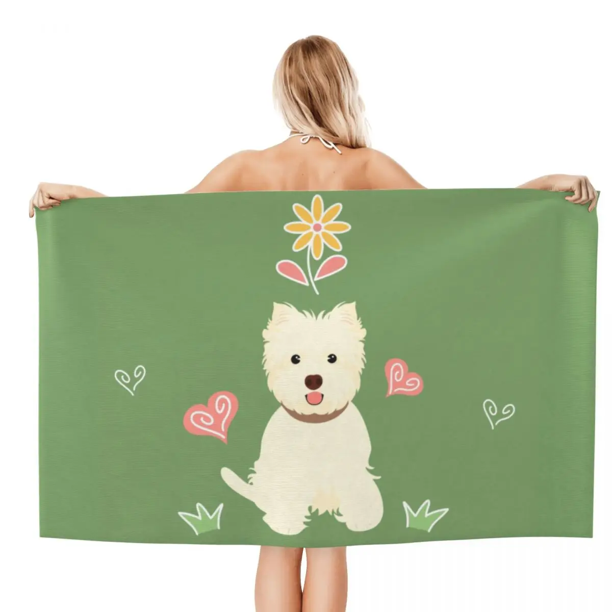 Custom Happy West Highland White Terrier And Flower Beach Towel Quick Dry Cartoon Westie Super Soft Microfiber Pool Sauna Towels