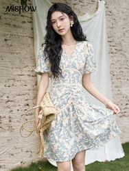 MISHOW French Vintage V-neck Dress 2024 Summer Waist Bubble Sleeve Slim Dress Fragmented Flower Splicing Lace Dresses MXD24L1730