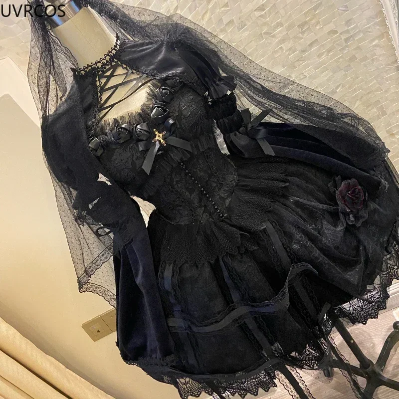 Japanisches viktorianisches Vintage-Lolita-Kleid für Damen, Gothic-Spitze, Rose, Prinzessin, Hosenträgerkleider, Mädchen, klassisches Cosplay, schwarzes Slip-Kleid