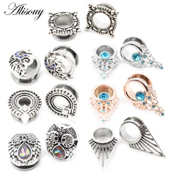 Alisouy 2pcs Stainless Steel Flower Triangle Cone Owl Zircon Star Screw Ear Tunnels Plugs Expander Gauges Body Piercing Jewelry