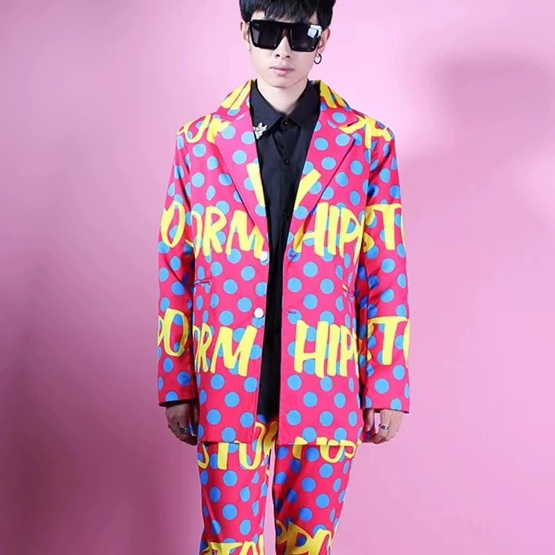 

Colorful Polka Dot Letter Graffiti Loose Suit Set Studio Photo Shoot Dress Nightclub Bar Male Singer Performance Outfit