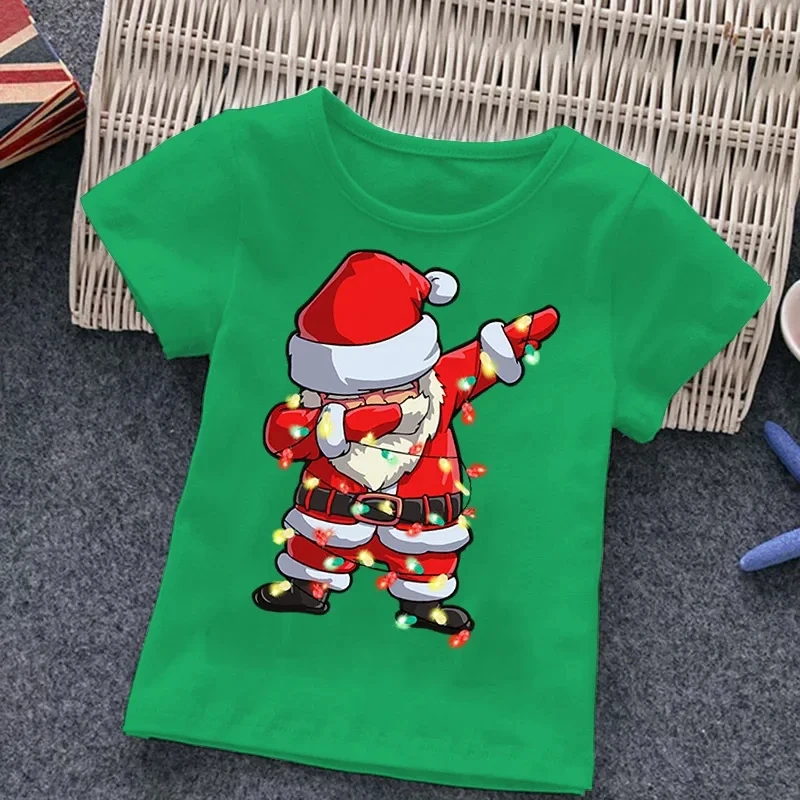 Santa Printing Boys Girls 2024 Summer Cotton T-shirt New Toddler Comfort Top Children\'s clothing Christmas Elements 2-14T