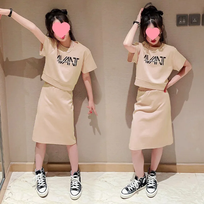 Girls Suits Korean Version Casual Solid Color Dress Set Children Summer New Style Letters Top Fashion Skirt Two-piece Set