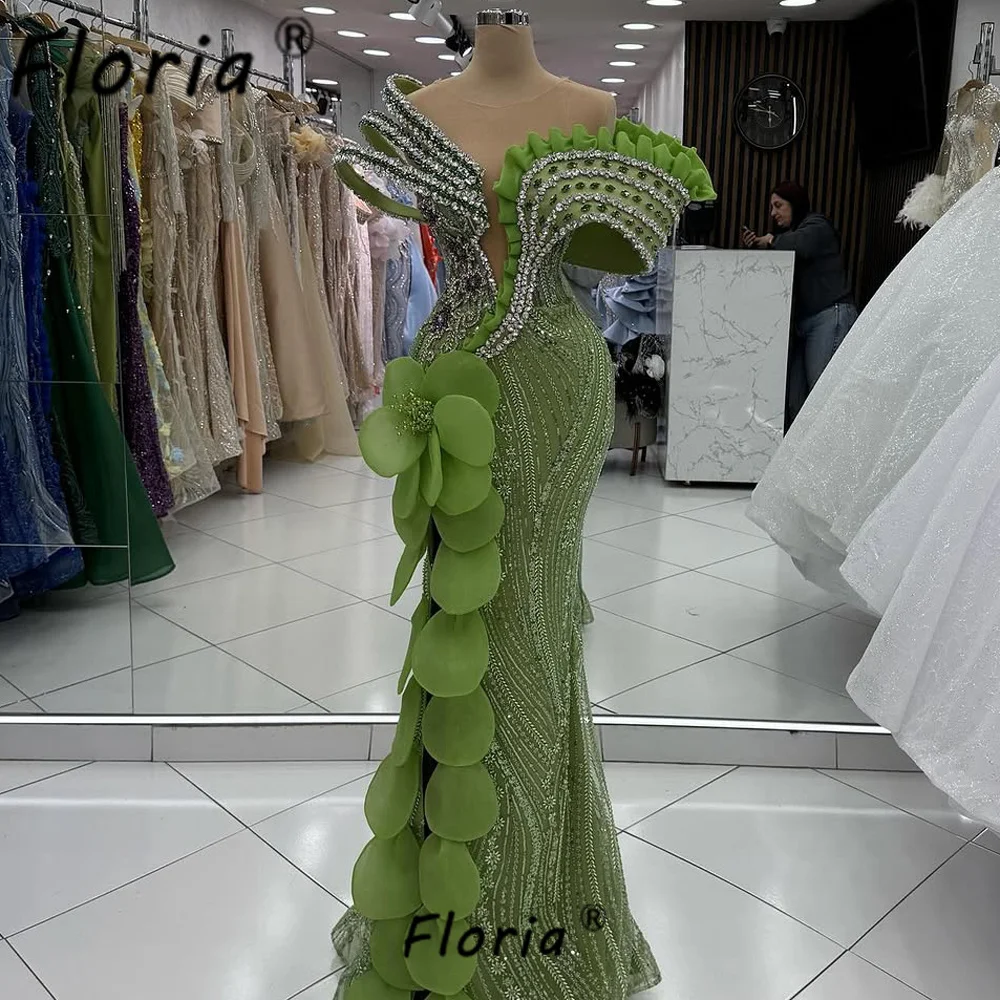 

Luxury Dubai Arabic Green Evening Dress Mermaid Crystal Beaded 3D Flower Petals Wedding Party Dresses robe de soiree Customized