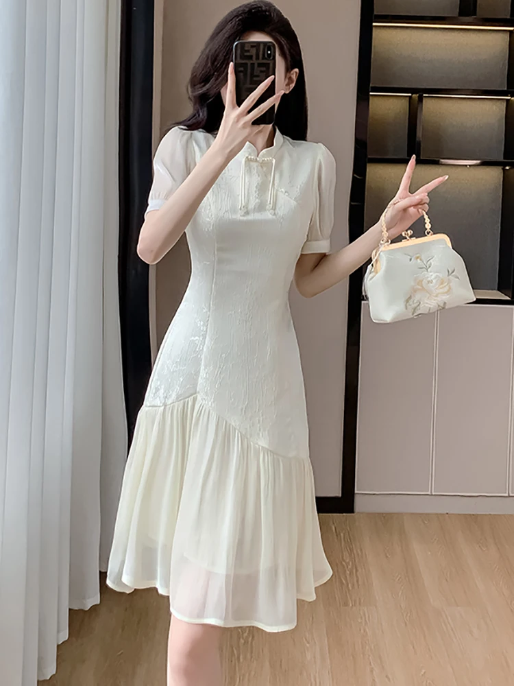 White Jacquard Patchwork Ruffled Midi Dress Women Summer Short Sleeve Bodycon Casual Home Dress 2024 Korean Elegant Luxury Dress