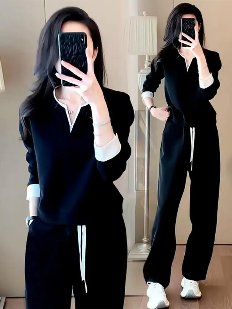 

Spring 2026 Casual Sportswear Set Women's Stylish Slimming Sweatshirt Color Block Two-Piece Set Fashionable V-Neck Long Sleeve