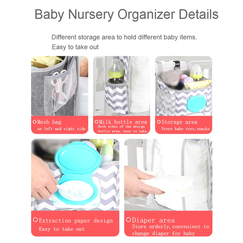 Crib Organizer Baby Crib Hanging Storage Bag Baby Clothing Caddy Organizer for Essentials Bedding Diaper Nappy Bag