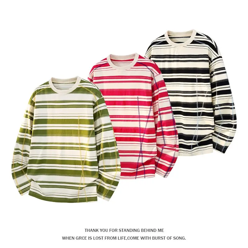Spring and Autumn Fashion Trendy American Striped Long Sleeve T-shirt Men's Casual Loose Sports Breathable High Quality T-shirt