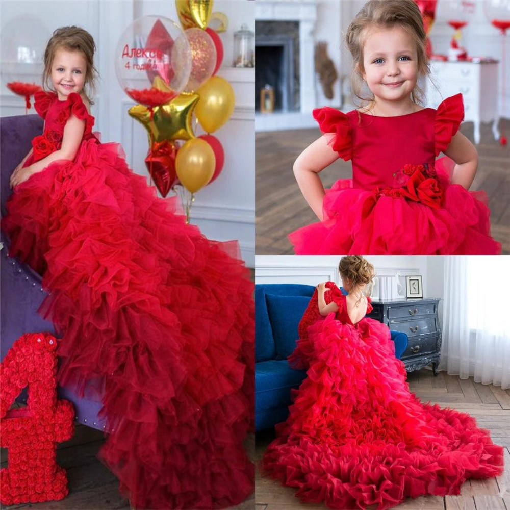 

Gorgeous Red Fluffy Tulle Back Fish Tail Flower Girl Dress Princess Ball First Communion Dresses Kids Surprise Birthday Present