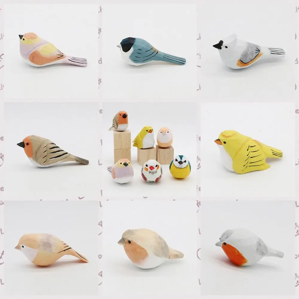 Vivid Cute Wood Carving Bird Mini Handmade Small Bird Ornament Carving Nordic-style Wooden Bird Figurine Home Decor