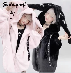 Lolita Cute Hooded Plush Coat Autumn Winter New Girl Sweet Jackets Women Fashion Rabbit Ears Thick Plush Cotton-Padded Coats