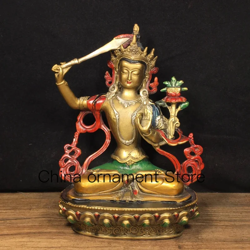 

21cm Nepalese Tibetan Pure Copper Gilded Gold Painted Manjushri Bodhisattva Guanyin Ornament