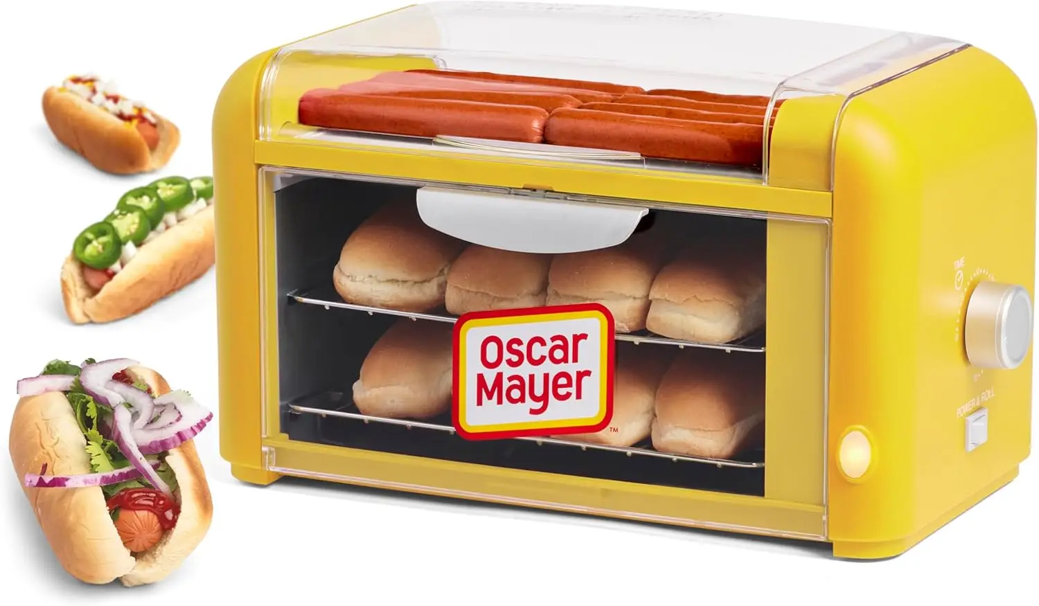 

Oscar Mayer Extra Large Countertop 8 Hot Dog Roller and Bun Toaster Oven - Stainless Steel Rollers and Non-stick Warmi