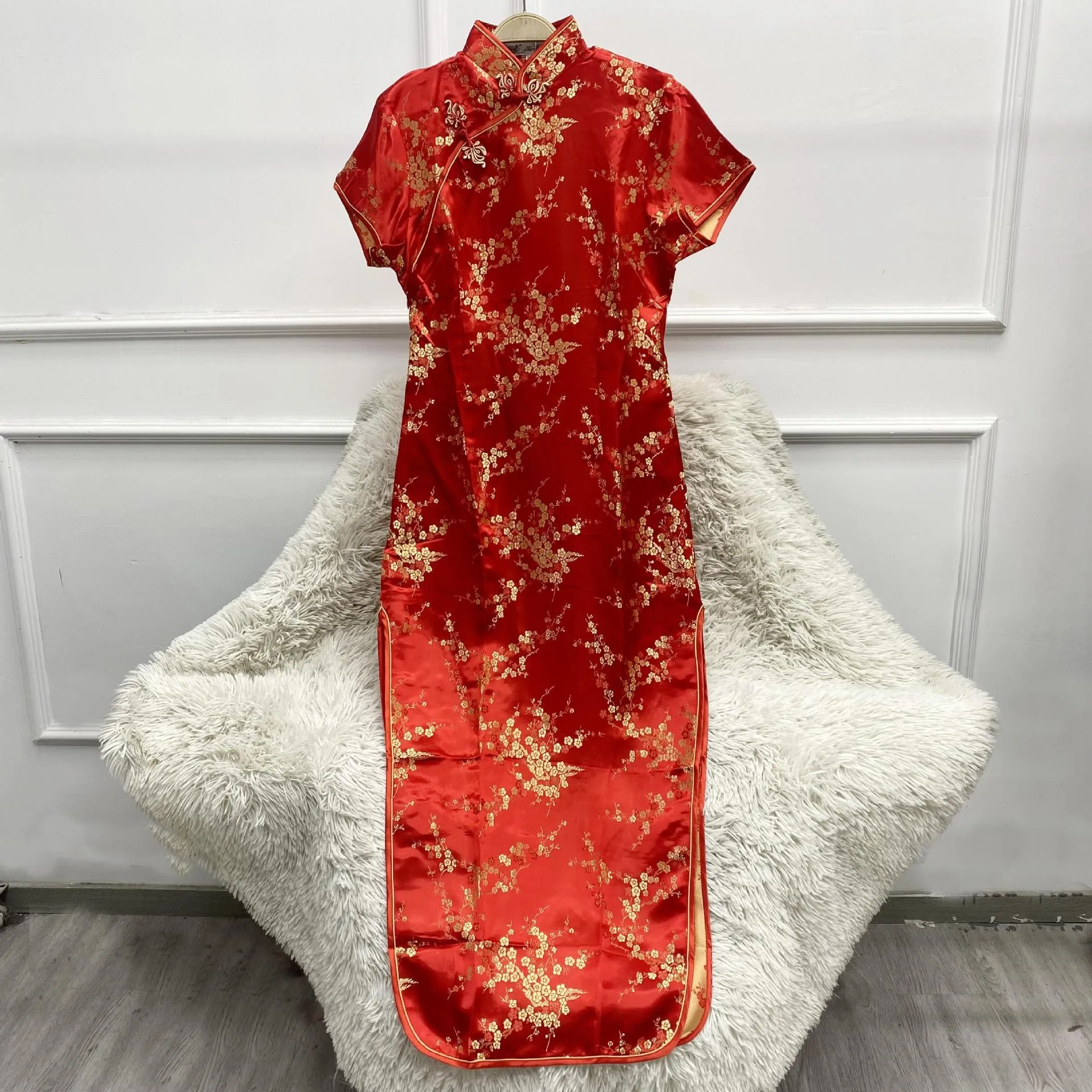 Cheongsam Longo Estilo Chinês Feminino, Vestido Qipao, Cetim, Estampado com Flores, Dividido, Festa de Casamento, Fotografia, Tamanhos Grandes, 6XL