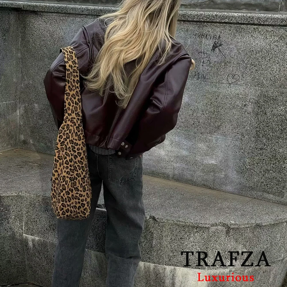 TRAFZA Street Leather Women Jacket Vintage Fashion Zipper Long Sleeve Pu Female Coats 2024 Autumn Turn-down Collar Lady Outwears