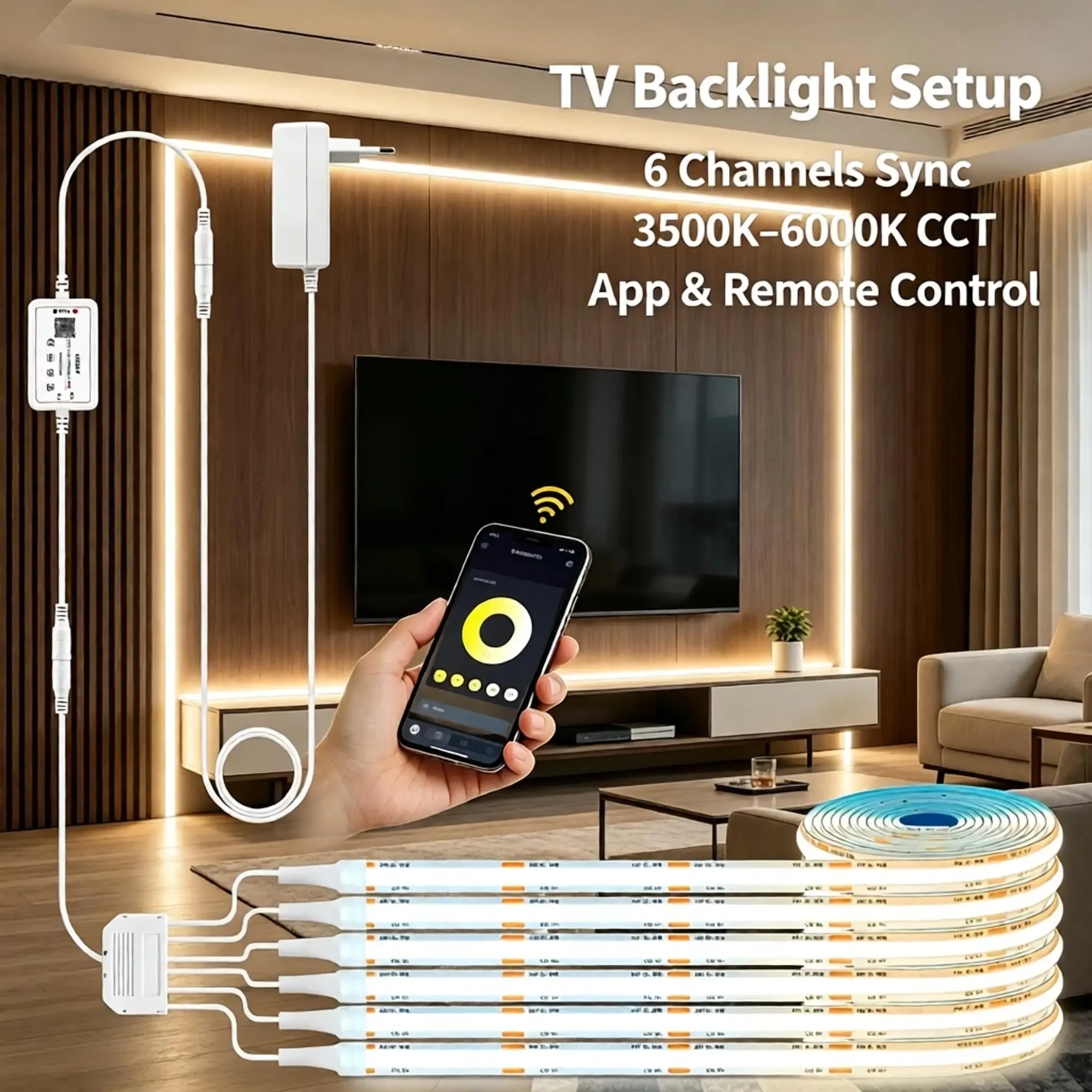 CCT COB LED-Streifenset, 1-6 Stück Lichtstreifen, mit Bluetooth Smart-Steuerung, 3500K-6000K Dimmbar für TV-Hintergrund Wanddekoration