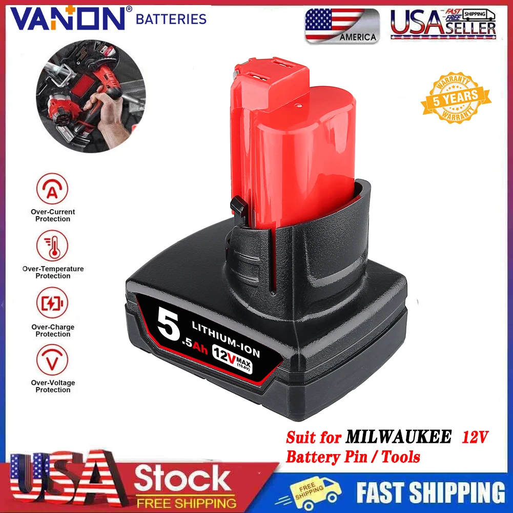 

VANON 5.5Ah M12 Replace for Milwaukee 12V 48-11-2460 48-11-2412 48-11-2401Li-on Battery Pin Compatible with Milwaukee Power Tool
