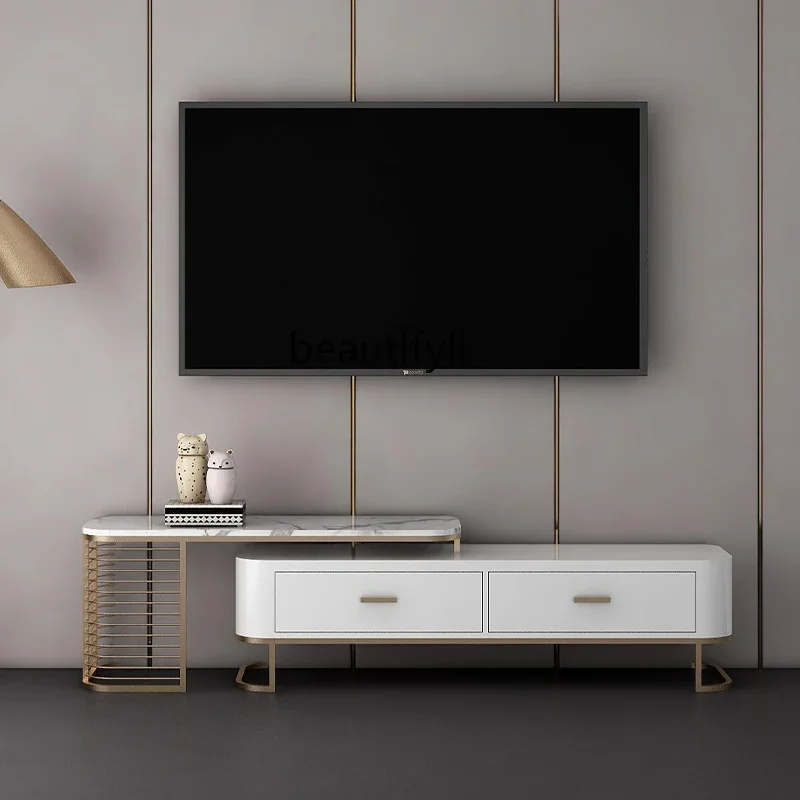 Luxury Marble TV Cabinet Modern Minimalist Small Apartment Living Room Multi-Functional Retractable Coffee Table