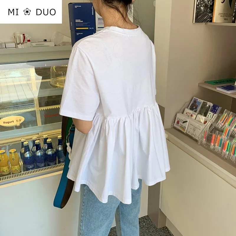 Korean style Summer Chic Pleated Y2k Tops Loose O Neck Tees Fashion Casual T-Shirt Solid All Match Ropa Mujer