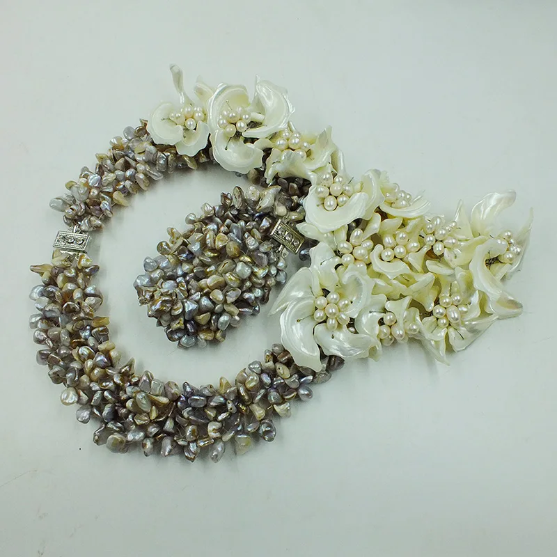 WWZ-102#   Excellent!  deep sea Shell pearl  Flower Necklace 18\