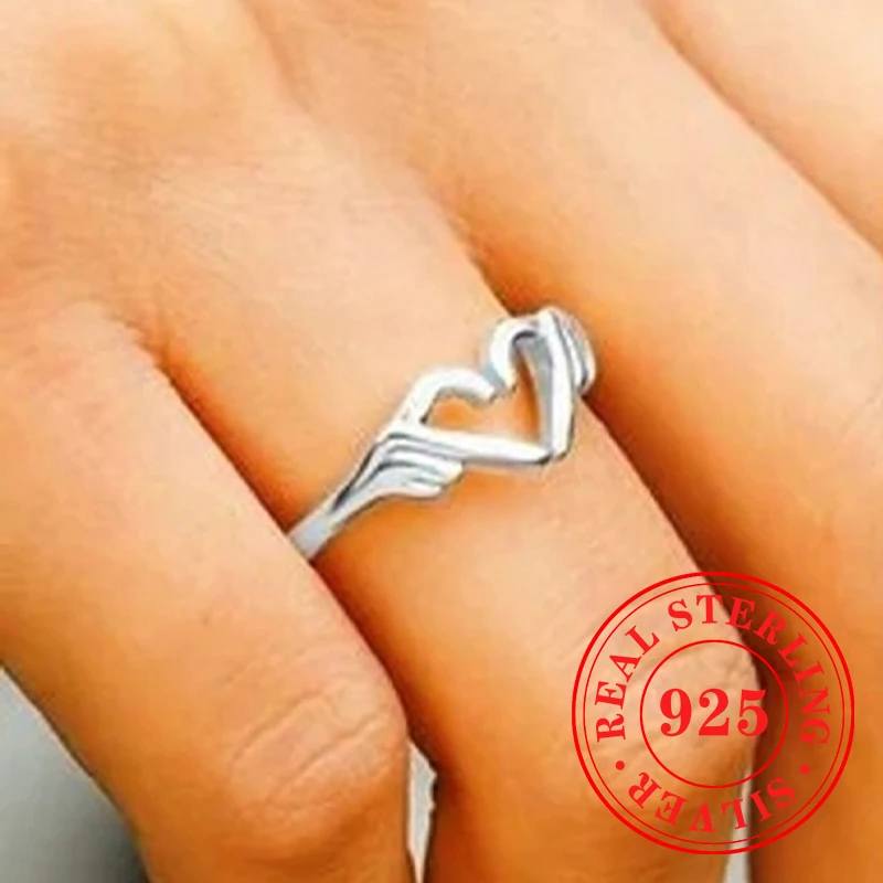 Huitan 925 Sterling Silver Heats Designed Rings Glossy Hand Shaped Finger Accessory Versatile Love Party Jewelry for Women Gifts