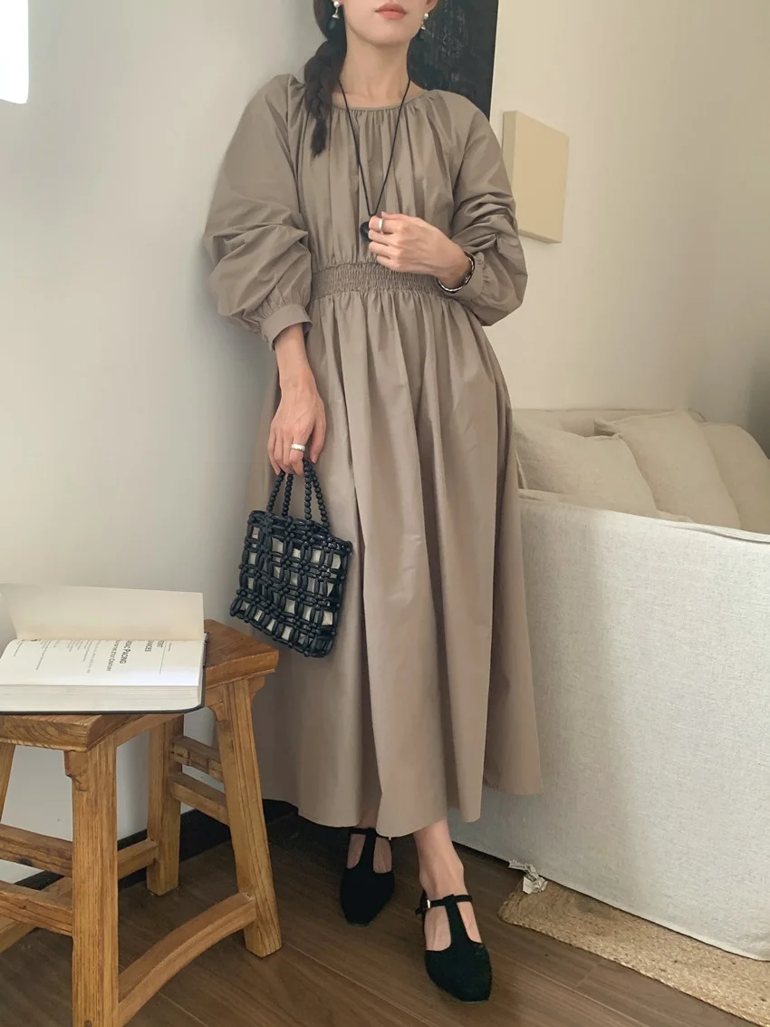 Alien Kitty Solid ฤดูใบไม้ผลิ Maxi ชุดผู้หญิงปิดเอวหลวม Vintage 2025 Chic Slim Minimalist Casual แขนยาวใหม่