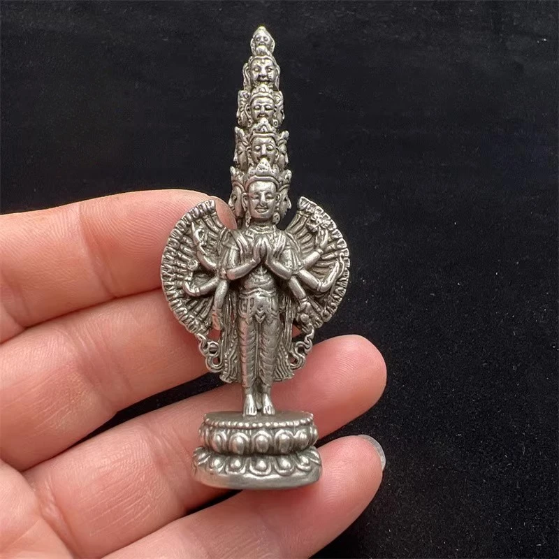 Chinese White Copper Brass  Thousand Hand Guanyin Buddha Home Decor Crafts Mini Statue