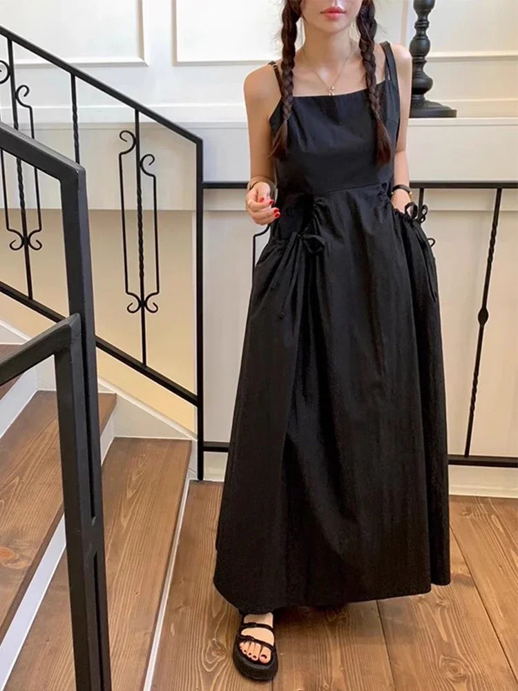 Summer New High Waisted Slim Fit Pleated Lace Up Women's Solid Color Long Dress Korean Fashion Women Sweet Large Pocket Dress