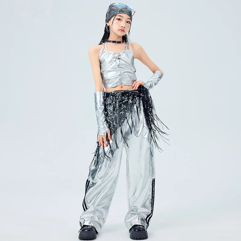 Girls K-pop Laser Crop Top Girdle Silver Cargo Pants Street Dance Kids Hip Hop Shiny Streetwear Child Jazz Costumes Clothes Sets