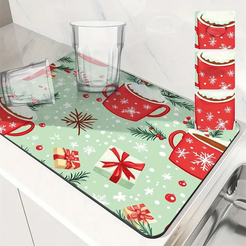 VIKAMA Christmas Tableware Draining Mat Mug Print Absorbent Quick Dry Kitchen Mat Non Slip Countertop Rug Holiday Home Decor