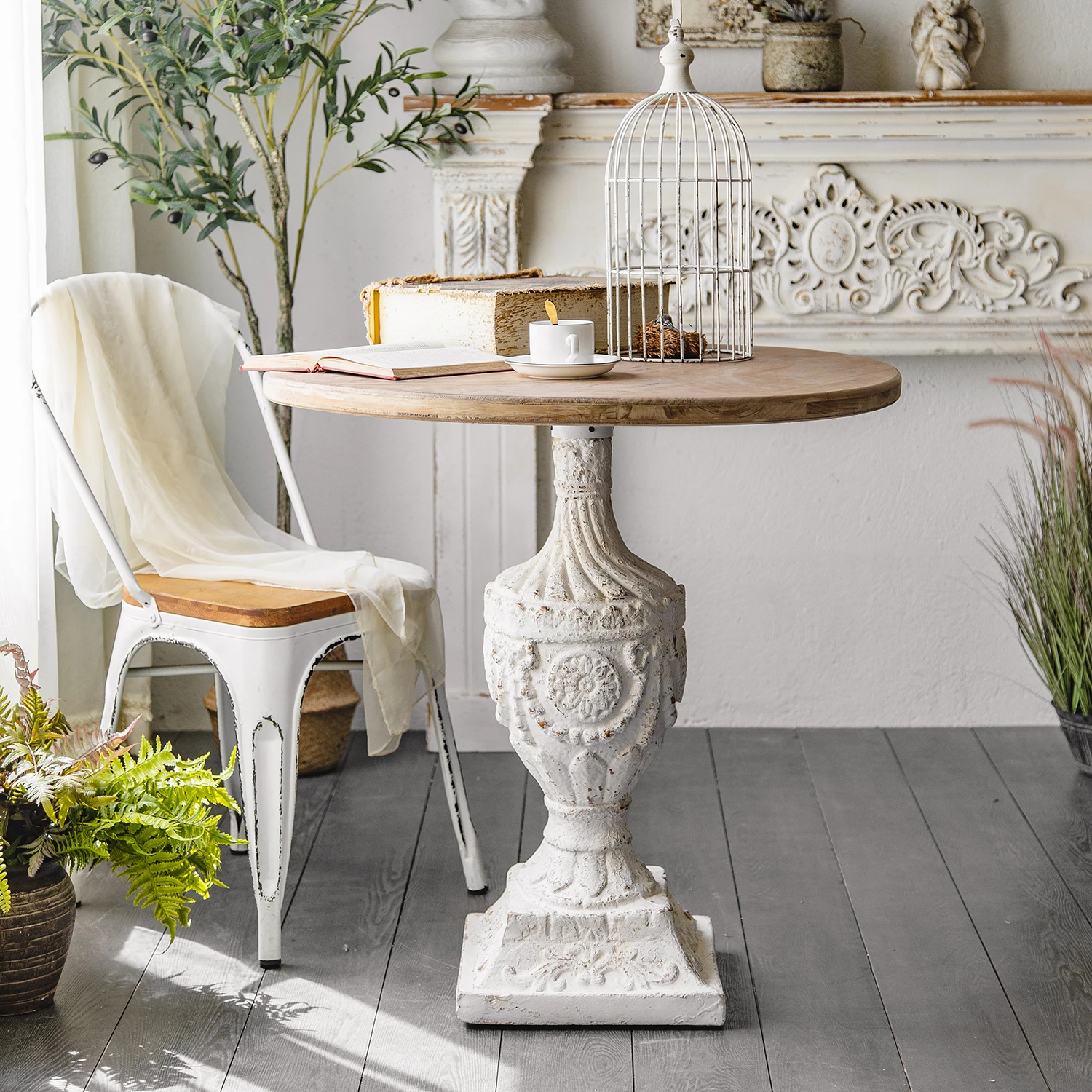 

White antique coffee table decorated with ancient carvings Round coffee table White coffee table