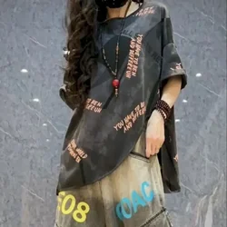 Cotton T Shirts Women Personalized Tie Dye Printed Irregular T-shirt Casual Loose Short Sleeve Tops Summer Trend Harajuku Tshirt
