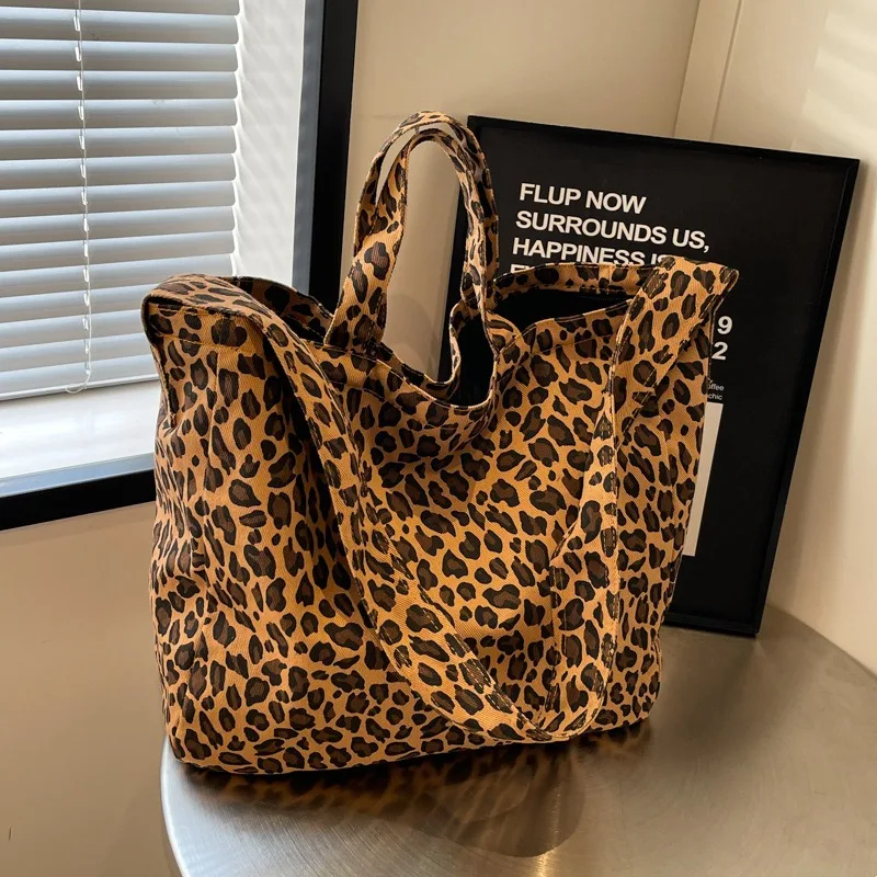 

Leopard Canvas Women Shoulder Bag Female Student Tote Shopper Bag 2026 Large Vintage Bookbag Travel Korean Fashion Woman Handbag