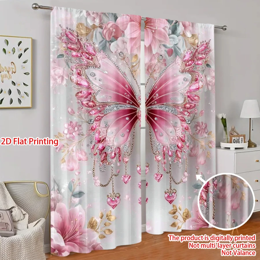 Digital Printed Curtains, Pink Butterfly Heart Diamond Pattern, Stylish Window Treatment for Living Room Bedroom Decor